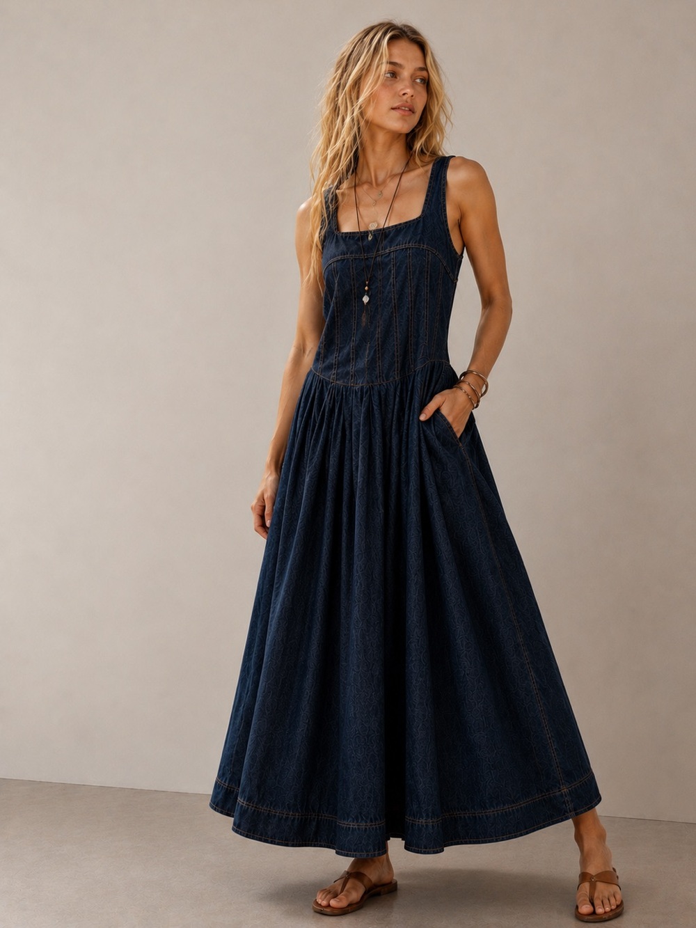 Sleeveless Navy Maxi Dress with Square Neck